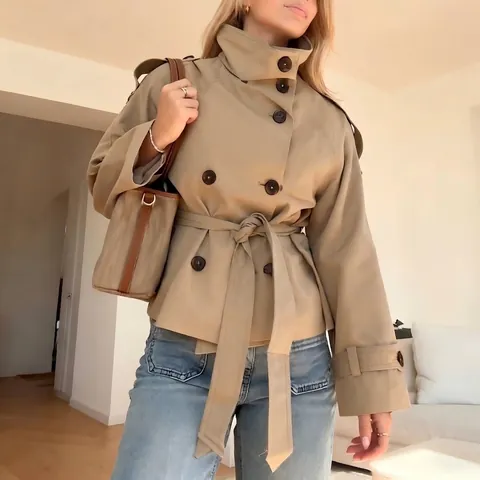 Dames Retro Double-Breasted Korte Trenchcoat Met Riem Revers Lange Mouw Polyester Katoenmix Herfst Mode Windjack Top