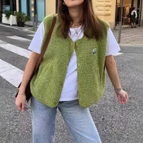 Women's Loose Casual Sherpa Fleece Vest Sleeveless Single Breasted Solid Color Warm Waistcoat Spring Autumn Outerwear Top