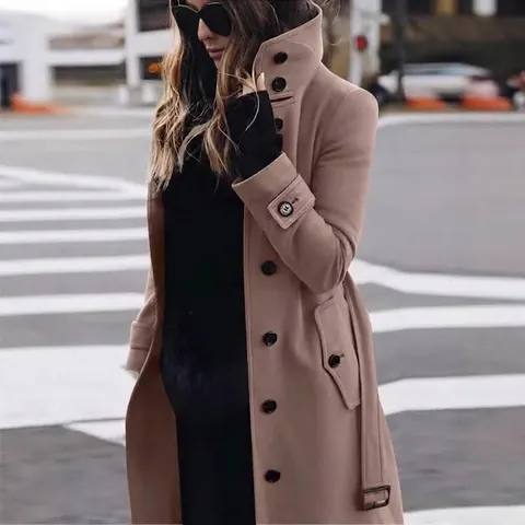 Women Slim Fit Woolen Coat Polyester Cotton Blend Mid-length Single-breasted Jacket With Belt Elegant Solid Color Winter Outerwear