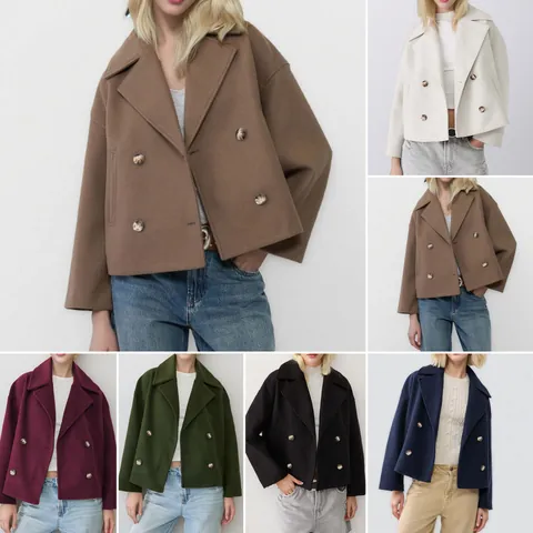 Manteau en Laine à Double Boutonnage Style Européen pour Femmes Mode Navetteur Revers Vêtements d'Extérieur Courts Vestes d'Automne Couleur Unie