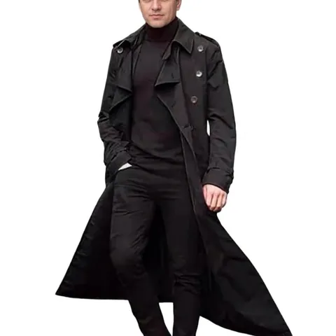Gabardina Larga de Moda para Hombre Doble Botonadura Solapa Cortavientos Con Cinturón Hombreras Corte Slim Abrigo Casual