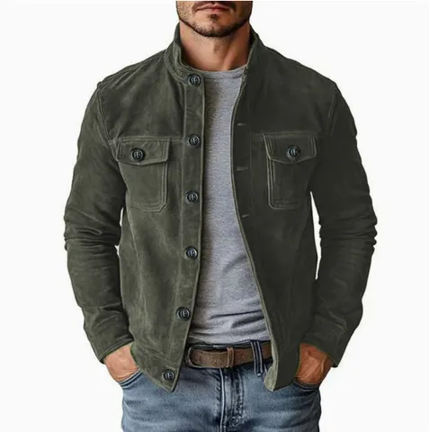 Men's Casual Faux Suede Jacket Western Workwear Style Single Breasted Lapel Outerwear With Chest Pockets For Spring Autumn