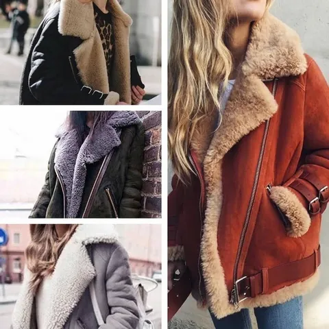 Women Faux Suede Biker Jacket With Faux Lamb Wool Lining Thick Warm Lapel Motorcycle Coat Casual Outerwear Top For Autumn Winter