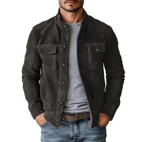 Men's Casual Faux Suede Jacket Western Workwear Style Single Breasted Lapel Outerwear With Chest Pockets For Spring Autumn