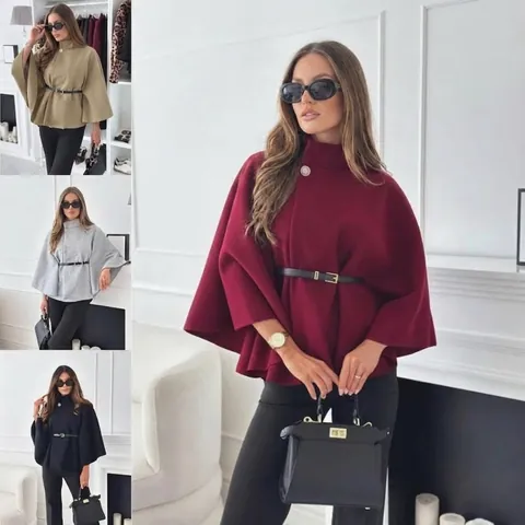 Cappotto Mantello in Lana da Donna Elegante Tinta Unita Con Cintura Moda Invernale Colletto in Piedi Maniche a Pipistrello Poncho