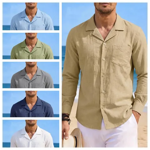 Ανδρικό Vintage Βαμβακερό Λινό Μακρυμάνικο Casual Πουκάμισο Χαλαρή Εφαρμογή Με Κουμπιά Παραλία Διακοπές Top Με Τσέπη