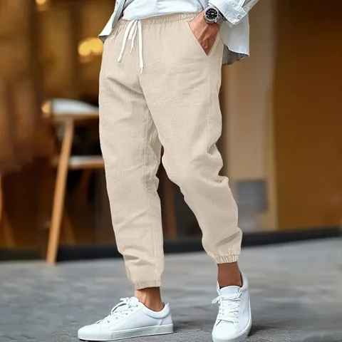 Men Casual Linen Joggers Summer Breathable Drawstring Pants Slim Fit Solid Color Beach Cuffed Sweatpants For Sports Daily