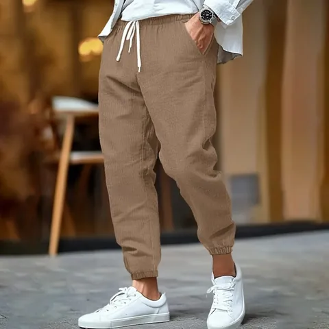 Men Casual Linen Joggers Summer Breathable Drawstring Pants Slim Fit Solid Color Beach Cuffed Sweatpants For Sports Daily