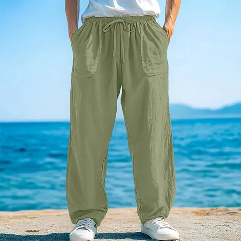 Ανδρικό Casual Λινό Παντελόνι Χαλαρή Εφαρμογή Κορδόνι Ίσια Γραμμή Μόδα Παραλίας Αναπνεύσιμο Μαλακό Παντελόνι για Διακοπές