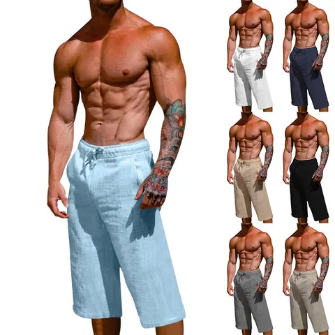Men Summer Loose Linen Casual Shorts Breathable Drawstring Elastic Waist Capri Pants Mid Waist Solid Color Athletic Bottom