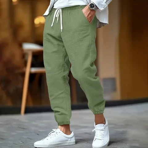 Men Cotton Linen Jogger Pants Breathable Summer Elastic Waist Solid Color Casual Straight Trousers For Outdoor Beach Wear