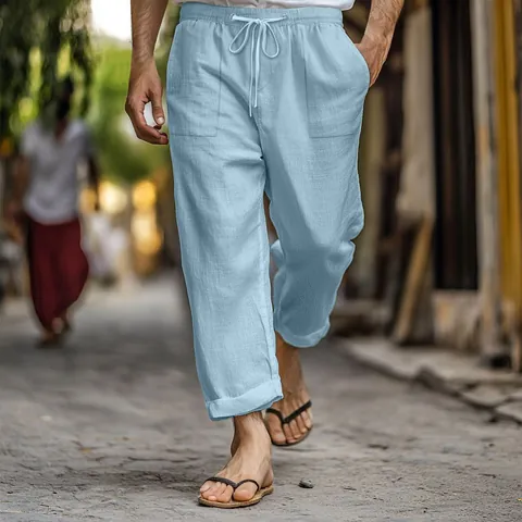 Men's Summer Casual Cotton Pants Loose Fit Elastic Waist Drawstring Multi-Pockets Breathable Lightweight Beach Trousers