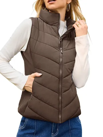 Chaleco Acolchado para Mujer Cuello Alto Chaqueta sin Mangas Acolchada Otoño Invierno Cálido Poliéster Algodón Chaleco con Cremallera Ajustada