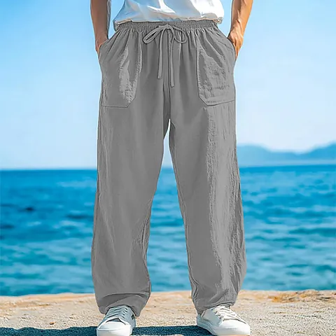 Ανδρικό Casual Λινό Παντελόνι Χαλαρή Εφαρμογή Κορδόνι Ίσια Γραμμή Μόδα Παραλίας Αναπνεύσιμο Μαλακό Παντελόνι για Διακοπές
