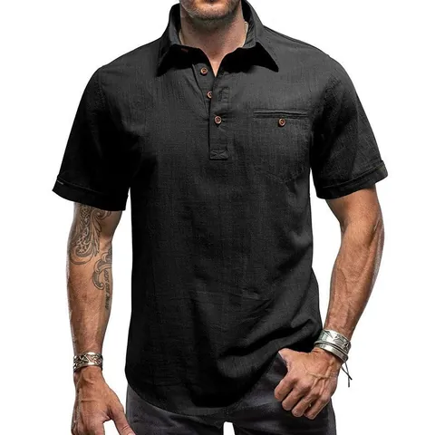 Camicia Hawaiana a Maniche Corte in Cotone e Lino da Uomo Top da Spiaggia Traspirante Henley Casual Tinta Unita Collo a Revers con Tasca