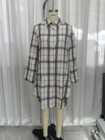 Women Plaid Long Sleeve Shirt Dress Stand Collar Button Down Polyester Midi Casual Gingham Pattern Tunic Dress