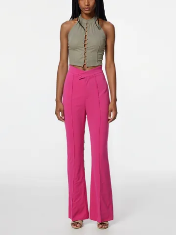 Pantalones de Mujer de Cintura Alta y Pierna Recta Elegantes Pantalones de Traje de Color Sólido de Poliéster y Spandex