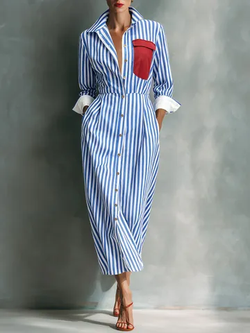 French Elegant Blue White Striped Shirt Dress With Contrast Red Pocket Long Sleeve Maxi Dress For Women Casual Summer Gown