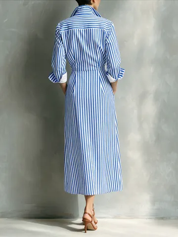 French Elegant Blue White Striped Shirt Dress With Contrast Red Pocket Long Sleeve Maxi Dress For Women Casual Summer Gown
