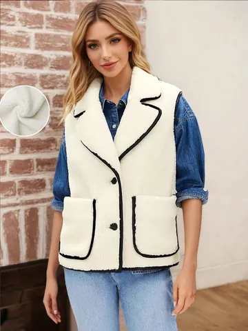 Women Contrast Binding Lambswool Vest Sleeveless Lapel Button Up Waistcoat Warm Polyester Fleece Outerwear Casual Fashion Jacket