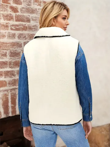 Women Contrast Binding Lambswool Vest Sleeveless Lapel Button Up Waistcoat Warm Polyester Fleece Outerwear Casual Fashion Jacket