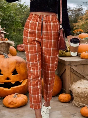 Damen Halloween Karomuster Gerade Hose Lässig Knöchellange Hose Orange Karierte High Waist Bottoms Mit Rundreißverschluss
