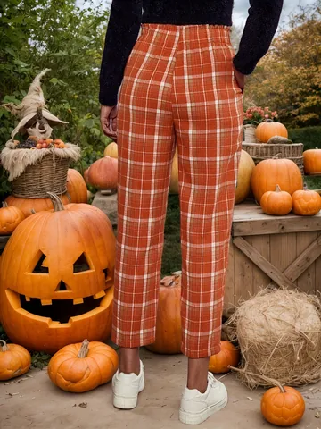 Damen Halloween Karomuster Gerade Hose Lässig Knöchellange Hose Orange Karierte High Waist Bottoms Mit Rundreißverschluss