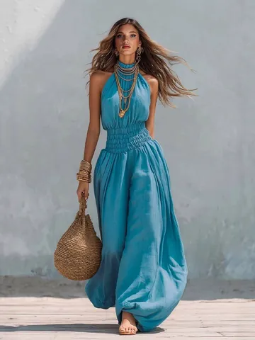 Women Summer Halter Neck Jumpsuit Sleeveless Smocked Waist Lantern Pants Teal Solid Casual Beach Viscose Jumpsuit