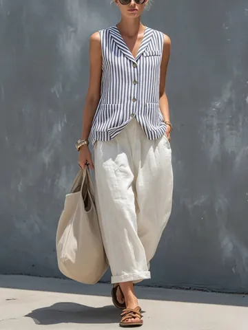 Women French Style Striped Vest And Wide Leg Pants Set Blue White Sleeveless Button Top High Waisted Loose Trousers Two Piece Summer Outfit