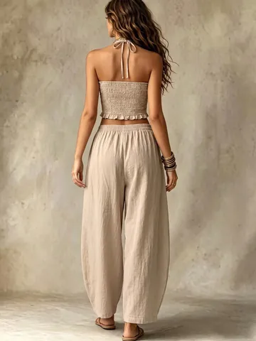 Women Bohemian Halter V-Neck Smocked Crop Top And Lantern Pants Two Piece Set Viscose Summer Vacation Casual Outfit