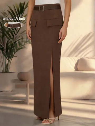 High Waist Slit Midi Skirt For Women Elegant Bodycon Pencil Skirt With Decorative Flaps Fall Winter Brown Commuter Bottoms