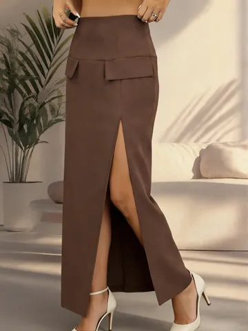 High Waist Slit Midi Skirt For Women Elegant Bodycon Pencil Skirt With Decorative Flaps Fall Winter Brown Commuter Bottoms