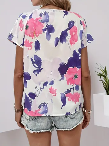 Damen Floral Print Rundhalsausschnitt Kurzarm Bluse Lässig Lose Sommer Strand T-Shirt Polyester Top Floral Graphic Bedruckt Tee