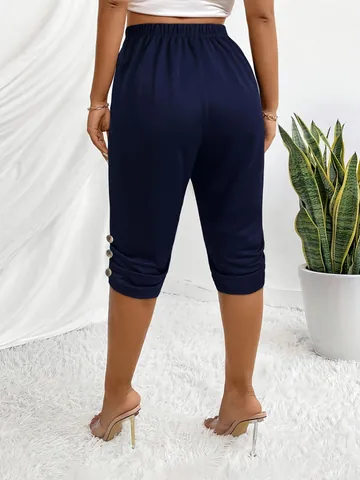 Women's Casual High Waist Capri Pants Polyester Spandex Elastic Waist Crop Trousers with Button Decor for Summer Leisure