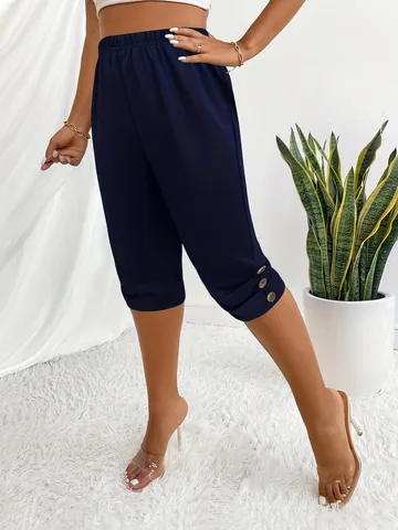 Women's Casual High Waist Capri Pants Polyester Spandex Elastic Waist Crop Trousers with Button Decor for Summer Leisure