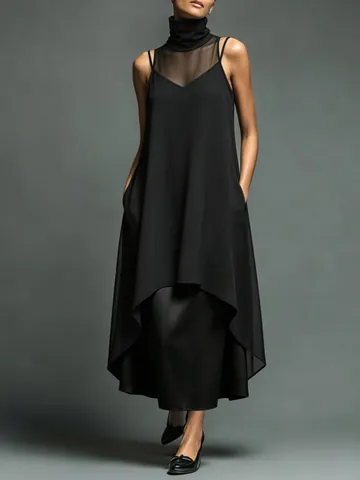 Elegant Women Black Dress Set Mesh Patchwork High Neck Sleeveless Layered Two Piece Set French Style Summer Midi Outfits