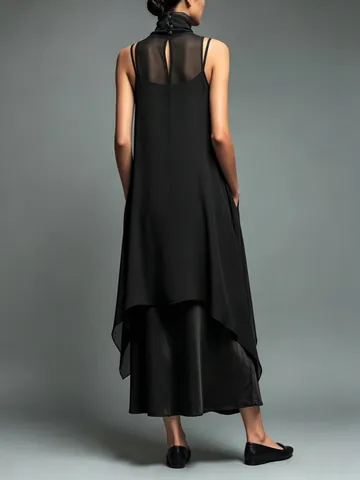 Elegant Women Black Dress Set Mesh Patchwork High Neck Sleeveless Layered Two Piece Set French Style Summer Midi Outfits