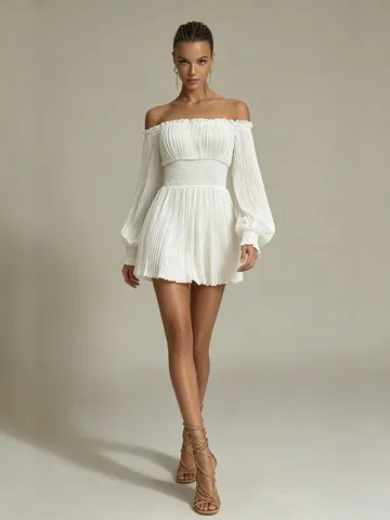 Robe Mini Femme Française Épaules Dénudées Manches Longues Plissée Taille Smockée Couleur Unie Manches Lanterne Élégante