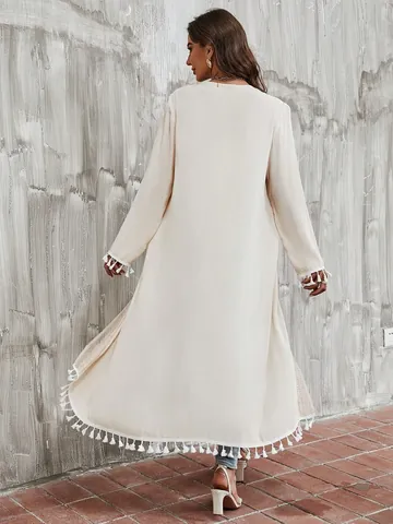 Women Cotton Solid Long Sleeve Long Loose Cardigan Spliced Tassel Lace Sun Protection Beach Cover Up Top For Summer Vacation