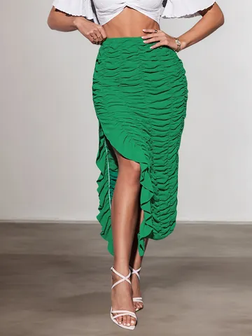 Women Asymmetric Ruffle Skirt Polyester Drawstring Ruched High Low Hem Fashion Casual Summer Midi Skirt Solid Green Bottom