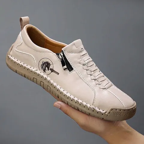 Hand Stitched Microfiber Leather Casual Shoes For Men Women Side Zipper Flats Vintage Martin Style Stitched Rubber Sole Loafers