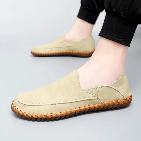 Men's Casual Loafers Hand-Stitched Microfiber Leather Driving Shoes With Gum Rubber Sole Soft Slip-On Flat Large Size Shoes