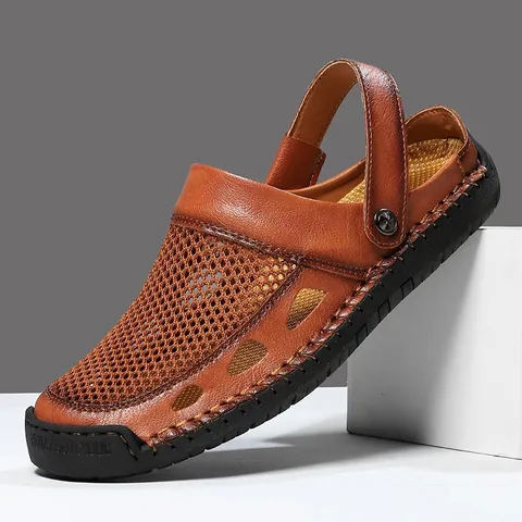 Herren Casual Sommer Atmungsaktive Mesh Sandalen Handgefertigte Geschlossene Zehe Outdoor Wanderschuhe Rutschfeste Gummisohle