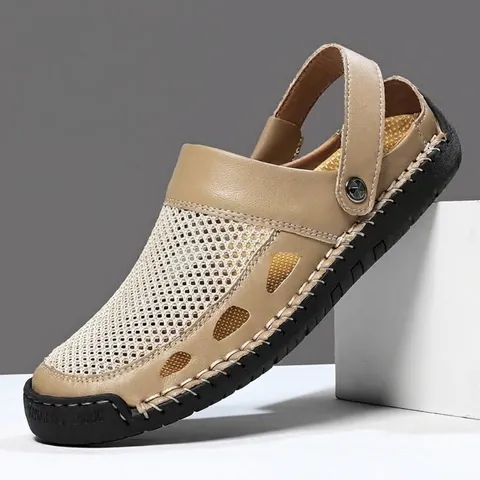 Herren Casual Sommer Atmungsaktive Mesh Sandalen Handgefertigte Geschlossene Zehe Outdoor Wanderschuhe Rutschfeste Gummisohle