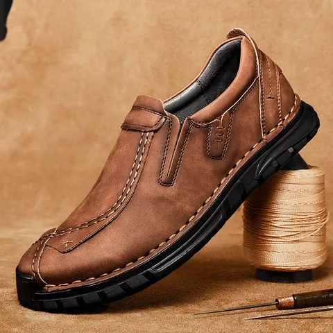 Herren Casual Slipper Outdoor Schuhe Handgenäht Mikrofaser Leder Loafer Mit Verschleißfester Gummisohle Für Den Täglichen Herbst