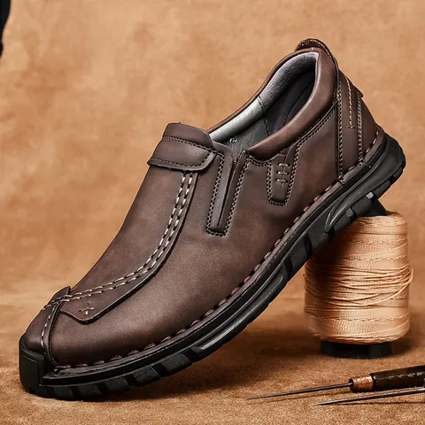 Herren Casual Slipper Outdoor Schuhe Handgenäht Mikrofaser Leder Loafer Mit Verschleißfester Gummisohle Für Den Täglichen Herbst