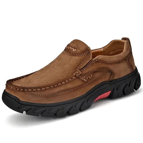 Men's Outdoor Casual Leather Work Shoes First Layer Cowhide Slip-on Nubuck Anti-slip Rubber Sole Low Top Loafers Walking Shoes