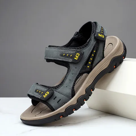 Heren Outdoor Zomer Strand Sandalen Echt Koeienhuid Ademend Hol Antislip Wandelen Trekking Waterschoenen Klittenband