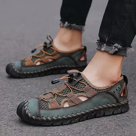 Heren Outdoor Vrijetijds Sandalen van Echt Leer Gesloten Teen Ademend Mesh Strandschoenen Antislip Wandelsandalen Voor Heren Casual Zomerschoeisel