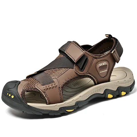 Men's Outdoor Casual Split Cowhide Leather Sandals Closed Toe Sport Beach Shoes Anti-Slip Hook and Loop Hiking Sandals Summer Hiking Shoes